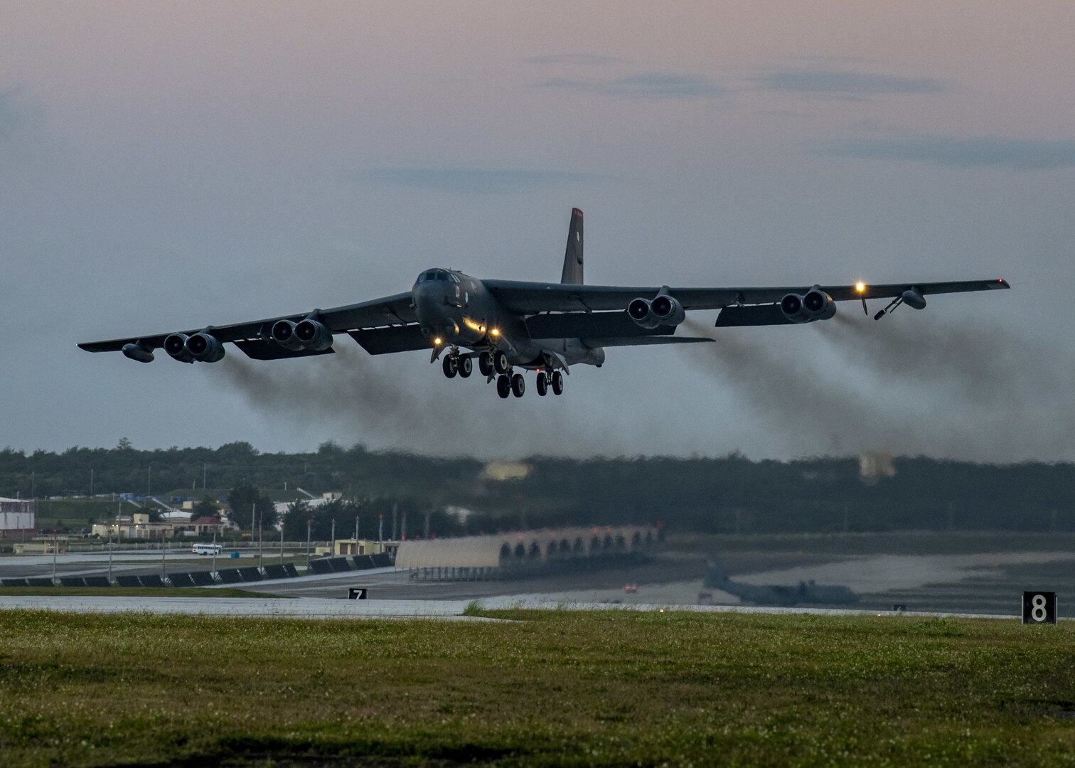 A U.S. Air Force B-52H Stratofortress from the 96th Expeditionary Squadron takes off upon completion of a Bomber Task Force deployment at Andersen Air Force Base, Guam, Mar. 9, 2022. Bomber Task Force missions demonstrate lethality and interoperability in support of a free and open Indo-Pacific. (U.S. Air Force photo by Staff Sgt. Lawrence Sena)