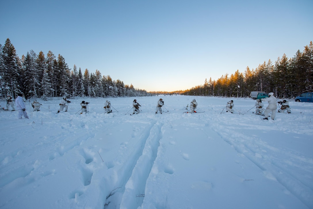Airmen with the Kentucky Air National Guard’s 123rd Special Tactics Squadron fire their M4 rifles while on skis at a firing range in Grubbnäsudden, Sweden, Jan. 13, 2022. Fifteen members from the 123rd STS — including combat controllers; pararescuemen; special reconnaissance personnel; search, evasion, resistance and escape troops; and support Airmen — came here to build upon their relationship with European partners during an arctic warfare training course. (U.S. Air National Guard photo by Phil Speck)