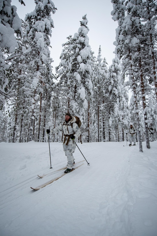 Tech. Sgt. Jacob Chandler, a combat controller with the Kentucky Air National Guard’s 123rd Special Tactics Squadron, trains on cross-country skiing basics in Grubbnäsudden, Sweden, Jan. 10, 2022. Fifteen members from the 123rd STS — including combat controllers; pararescuemen; special reconnaissance personnel; search, evasion, resistance and escape troops; and support Airmen — came here to build upon their relationship with European partners during an arctic warfare training course. (U.S. Air National Guard photo by Phil Speck)