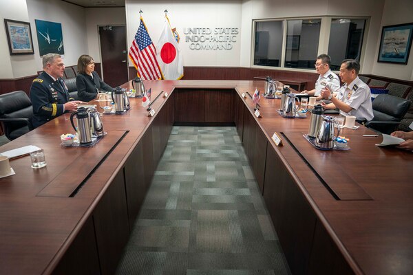 Army Gen. Mark A. Milley, chairman of the Joint Chiefs of Staff, meets with Japan Joint Staff Gen. Koji Kamazaki during a bilateral engagement at Camp Smith, Hawaii, March 29, 2022. (DOD Photo by Navy Chief Petty Officer Carlos M. Vazquez II)