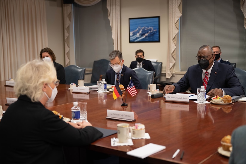 Secretary of Defense Lloyd J. Austin III meets with German Defense Minister Christine Lambrecht at the Pentagon.