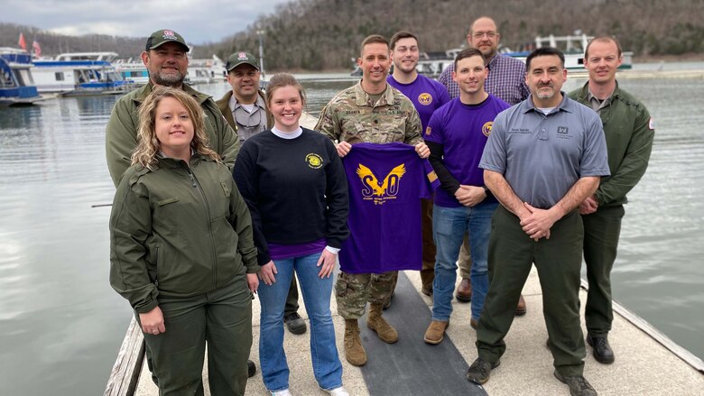 TTU's SVO and ROTC volunteers, show off their TTU pride with Lt.Col. Branen and Center Hill's resource management staff. Pictured from (back row) left to right: Terry Martin, Gary Bruce, Terrell Stoves (front row) left to right: Ashley Webster, Sierra Alexander, Lt.Col. Branen, Travis Williams, Kevin Salvilla, and Phillip Sliger.