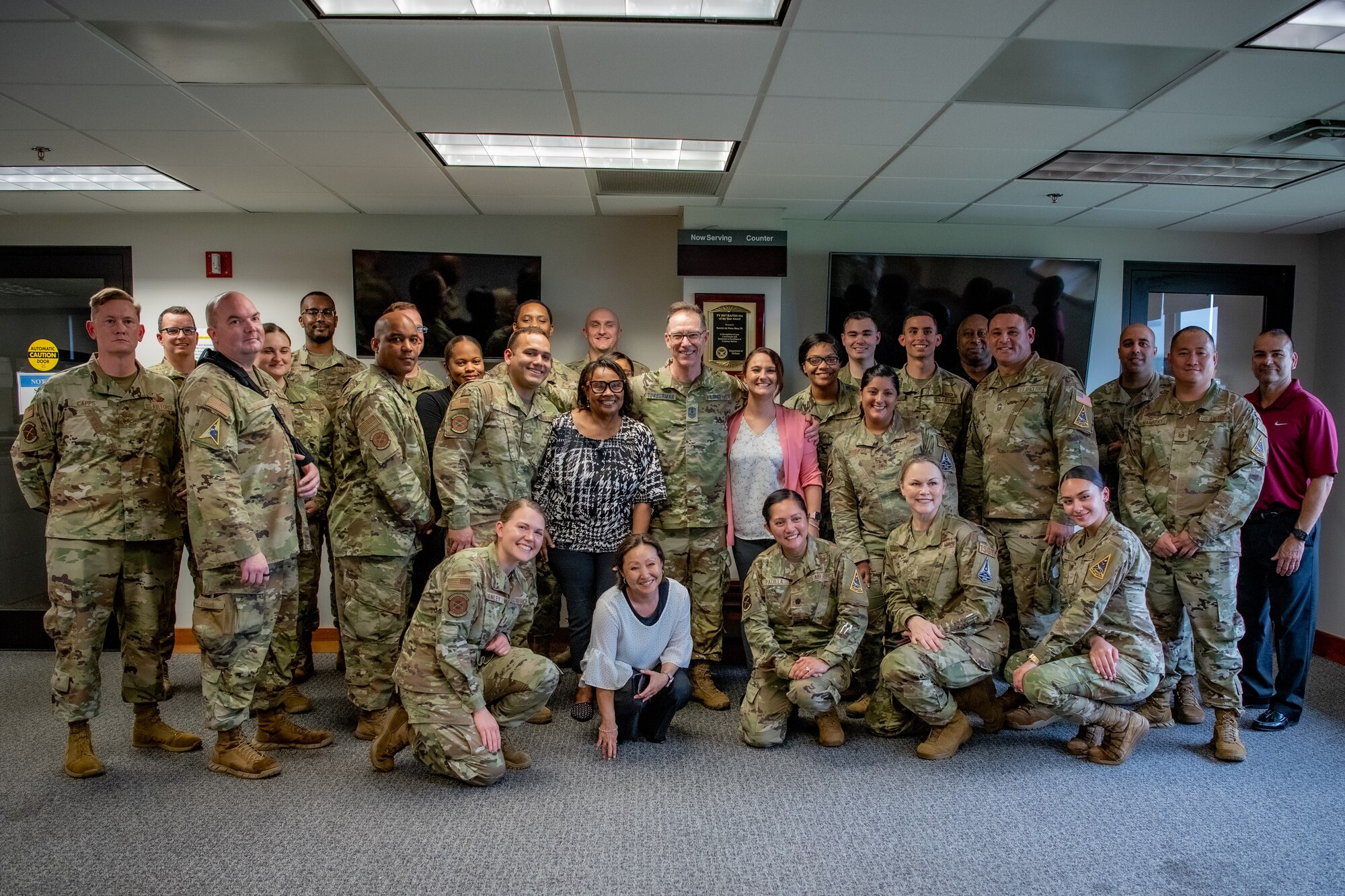 Chief Master Sgt. of the Space Force Roger A. Towberman, poses for a photo with the 45th Military Personnel Flight, Patrick Space Force Base, Fla., March 24, 2022. CMSSF also visited the 45th Medical Group, the Civil Engineer Squadron, the Forge and many others. (U.S. Space Force photo by Airman 1st Class Dakota Raub)