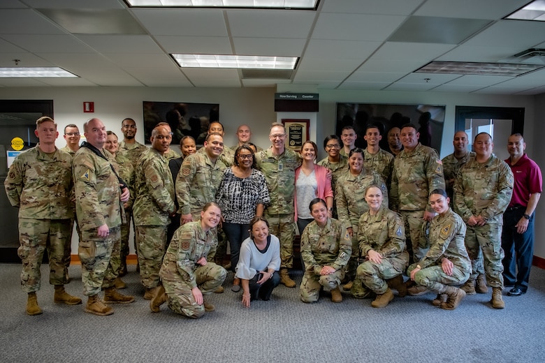 Chief Master Sgt. of the Space Force Roger A. Towberman, poses for a photo with the 45th Military Personnel Flight, Patrick Space Force Base, Fla., March 24, 2022. CMSSF also visited the 45th Medical Group, the Civil Engineer Squadron, the Forge and many others. (U.S. Space Force photo by Airman 1st Class Dakota Raub)