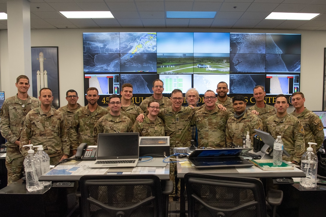 Chief Master Sgt. of the Space Force Roger A. Towberman, poses for a photo with the 45th Weather Squadron, Cape Canaveral Space Force Station, Fla., March 25, 2022. CMSSF also visited the 5th Space Launch Squadron, the Morrell Operations Center and many others. (U.S. Space Force photo by Airman 1st Class Dakota Raub)