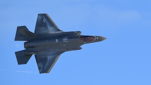 An F-35A Lightning II soars over Hill Air Force Base during a demonstration practice Jan. 10, 2020, at Hill AFB, Utah. The 388th Fighter Wing’s Operations Support Squadron cyber Airmen are currently exploring high-speed communications options to support F-35 Agile Combat Employment – operating from remote or austere locations. (U.S. Air Force photo by Senior Airman Alexander Cook)