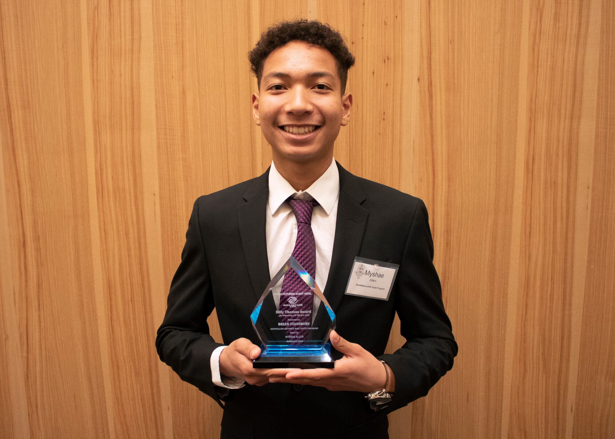 Myshae Allen, Texas Military Youth of the Year winner, holds the Billy Thomas Award for his primary mentor, Mr. Brian Stansbury.  Myshae will go on to compete for the Southwest Regional Competition in Dallas on June 10th. (Courtesy Photo)