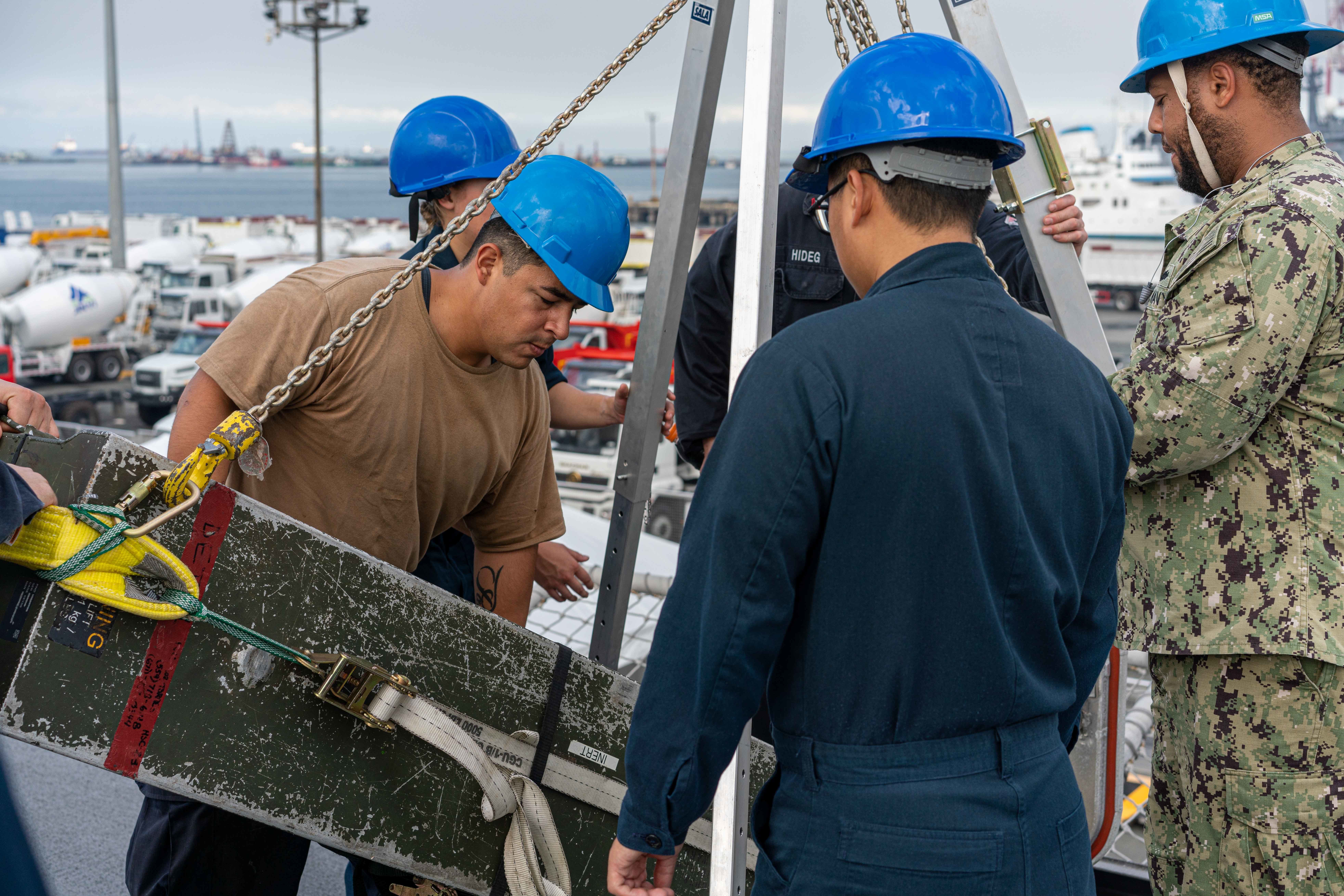 220208-N-FA490-1029 MANILA, Philippines (Feb. 8, 2022) – Sailors transport Captive Air Training Missiles (CATM), onto to the flight deck of the Independence-variant littoral combat ship USS Jackson (LCS 6). Attached to Destroyer Squadron (DESRON) 7, Jackson is on a rotational deployment to the U.S. 7th Fleet area of operations in support of security and stability in the region, and to work alongside allied and partner navies to provide maritime security and stability, key pillars of a free and open Indo-Pacific. (U.S. Navy photo by Mass Communication Specialist 3rd Class Andrew Langholf)