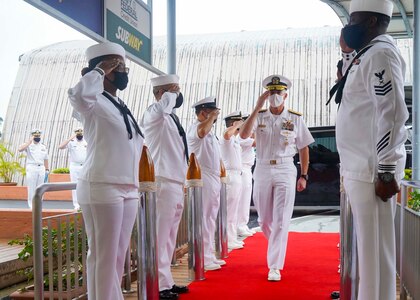 220316-N-JC800-0002 SINGAPORE (March 16, 2022) – (From left) Vice Adm. Karl Thomas, commander, U.S. 7th Fleet, arrives at Logistics Group Western Pacific (COMLOG WESTPAC)/Task Force 73, where he is welcomed by Rear Adm. Philip Sobeck, commander, COMLOG WESTPAC and Task Force 73, in Singapore, March 16. (U.S. Navy photo by Mass Communication Specialist 2nd Class Heath Zeigler)