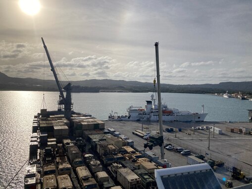 GUAM (Feb. 1, 2022) – MV Cape Horn, right, moors near USNS Mary Sears (T-AGS 65), in Guam, Feb. 1, for a brief stop for logistics.  Cape Horn is currently supporting U.S. Transportation Command missions throughout the Indo-Pacific Region.  Contracted mariners on board ships like Cape Horn help deliver and sustain U.S. Armed Forces whenever and wherever their missions require.  (Photo by Benjamin Day)