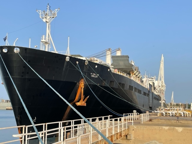 ROTA, SPAIN (Jan. 31, 2022) –USNS Sisler (T-AKR 311) makes a brief logistics stop in Rota, Spain, Jan. 31, while en route to support Exercise Cold Response 22.  The Norwegian-led exercise enhances interoperability among II Marine Expeditionary Force and participating NATO allies’ and partners’ militaries.  As part of Maritime Prepositioning Ships Squadron 2, Sisler strategically places containerized and palletized cargo throughout the globe for all U.S. Armed Services, including the U.S. Marine Corps.  (Photo by U.S. Navy Chief J. L. Nichols)