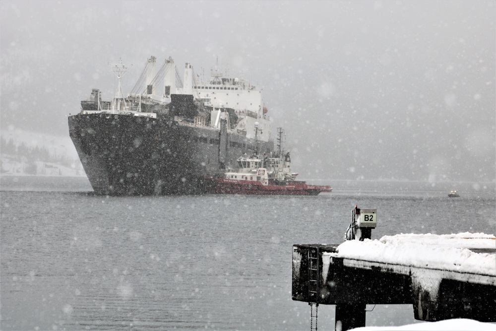 HAMMERNESODDEN, NORWAY (Feb. 12, 2022) – USNS Sisler (T-AKR 311) arrives in Hammernesodden, Norway, to offload vehicles and cargo as part of Exercise Cold Response 22.  The Norwegian-led exercise enhances interoperability among II Marine Expeditionary Force and participating NATO allies’ and partners’ militaries.  As part of Maritime Prepositioning Ships Squadron 2, Sisler strategically places containerized and palletized cargo throughout the globe for all U.S. Armed Services, including the U.S. Marine Corps.  The ship transited from Diego Garcia to support Exercise Cold Response 22.  (Photo by Steven Drexler)