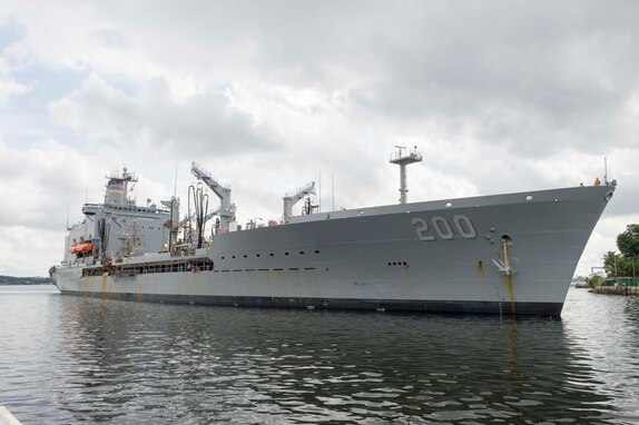 20220215-N-JC800-0026 SINGAPORE (Feb. 15, 2022) USNS Guadalupe (T-AO) pulls into Singapore. (U.S. Navy Photo by Mass Communication Specialist 2nd Class Heath Zeigler)