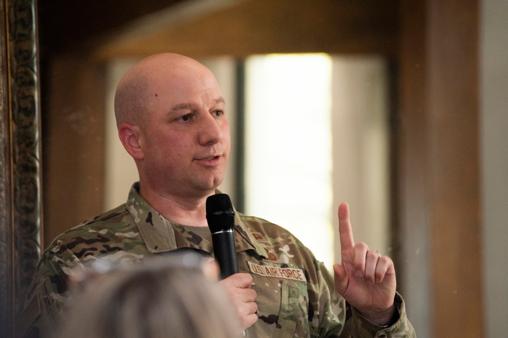 U.S. Air Force Col. Matthew Reilman, 17th Training Wing commander, speaks at a San Angelo Chamber of Commerce luncheon, San Angelo, Texas, March 29, 2022. Reilman expressed his gratitude to community partners, and his excitement for new developments underway on Goodfellow Air Force Base. (U.S. Air Force photo by Senior Airman Michael Bowman)