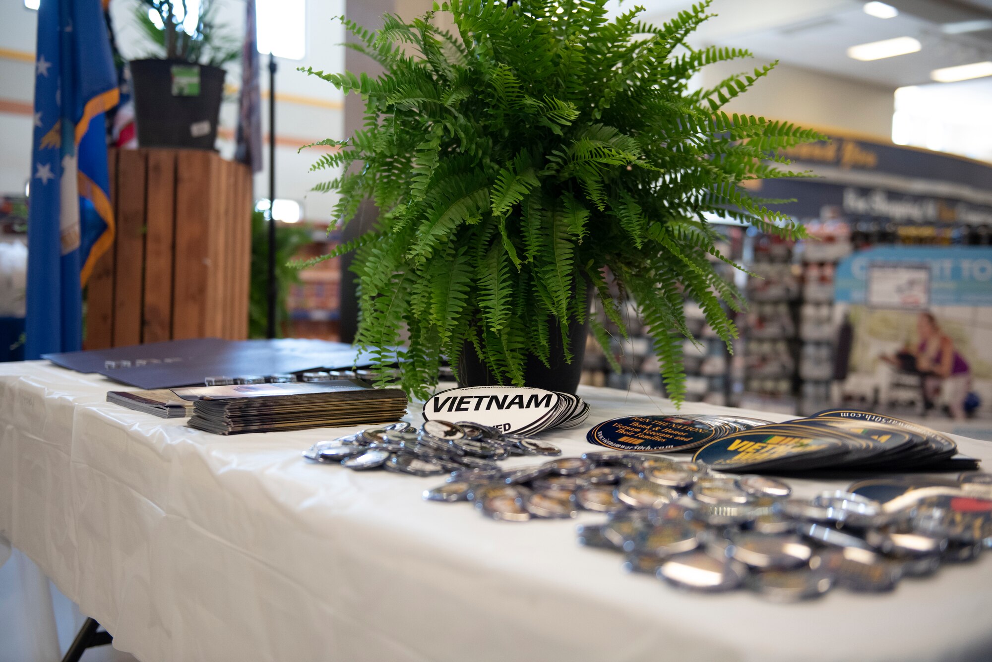 A photo of backpack pins, car magnets, lapel pins, pamphlets and a plant sitting on a table.