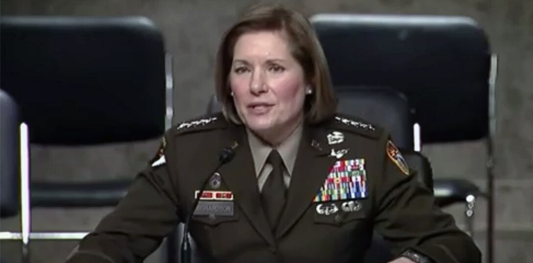 Broadcast screenshot of Army Gen. Laura Richardson, commander of U.S. Southern Command, testifying before the Senate Armed Services Committee March 24, 2022.