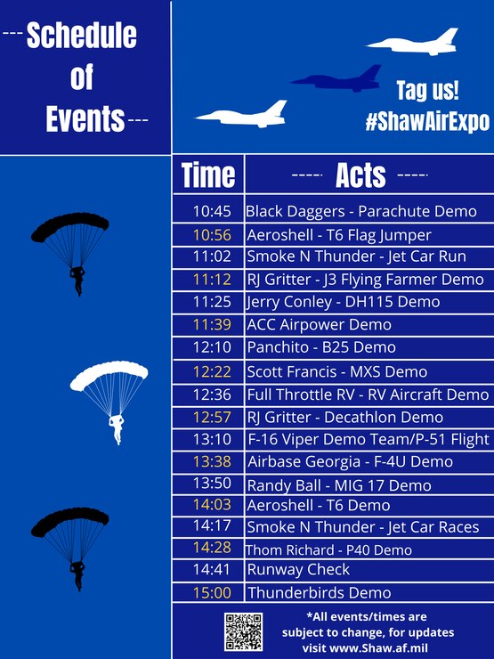Graphic depiction of the schedule of events in the 2022 Shaw Air & Space Expo.