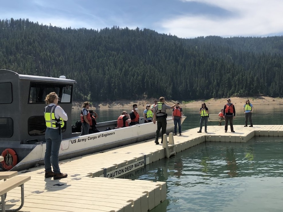Army Fellows on a recreational floating boat dock on Dworshak Reservoir.