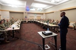 Air Force Chief of Staff Gen. CQ Brown Jr. listens to a question during the Air National Guard Commander Leadership Course at the Pentagon in Arlington, Va., March 22, 2022. Hosted annually, the leadership course provides upcoming ANG leaders the perspectives of senior leaders across the Air Force.