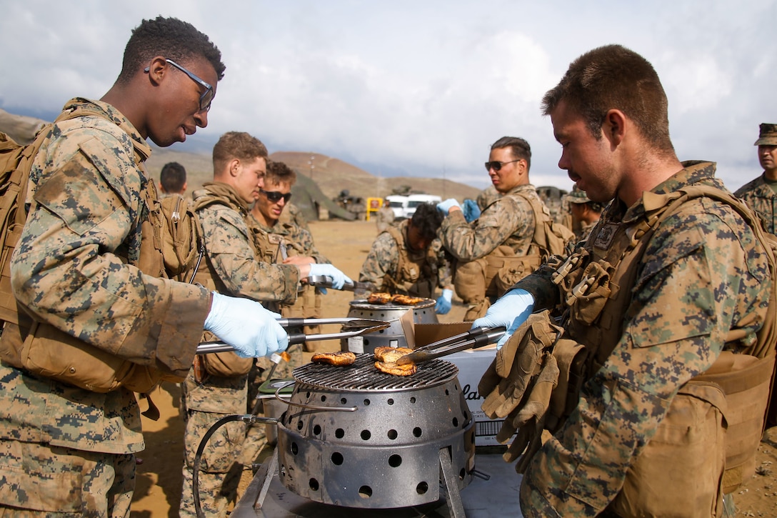 U.S. Marines with 1st Battalion, 12th Marines, 3rd Marine Division use foraging techniques to cook a meal during Spartan Fury 22.1 at Pohakuloa Training Area, Hawaii, March 8, 2022. Individual Batteries procured local food and experimented with field cooking methods using lightweight, expeditionary equipment that is sustainable for long durations in austere environments. Spartan Fury is a Battalion level training exercise designed to refine long-range communications through naval asset integration, mission processing from battalion to firing sections, and 21st Century Foraging.