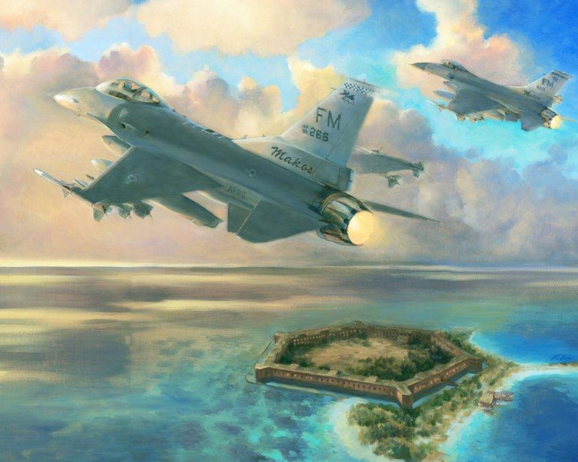 Two F-16 fighter jets assigned to the 482nd Fighter Wing, Homestead Air reserve Base, Fla., fly over Ft. Jefferson in the Florida Keys. (U.S. Air Force illustration)