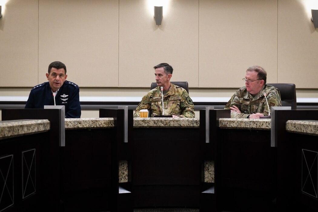 From left, U.S. Air Force Lt. Gen. Michael A. Loh, director, Air National Guard, Lt. Gen. Kevin B. Schneider, director of staff, Headquarters Air Force and Lt. Gen. Richard W. Scobee, chief, Air Force Reserve, participate in a fireside chat during the annual Total Force Integration Symposium at Joint Base Andrews, Maryland, March 22, 2022. Hosted by the Headquarters Air Force Directorate of Total Force Integration, this 3-day virtual symposium aimed to facilitate conversations and collaboration between the three Air Force components. (U.S. Air National Guard photo by Tech. Sgt. Morgan R. Whitehouse)