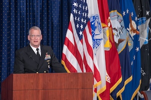 Navy Rear Adm. Grafton Chase, director of the DLA Joint Reserve Force and DLA CFC vice chair, kicks off the CFC awards ceremony. (Photo by Christopher Lynch, DLA Graphics-Multimedia Division)