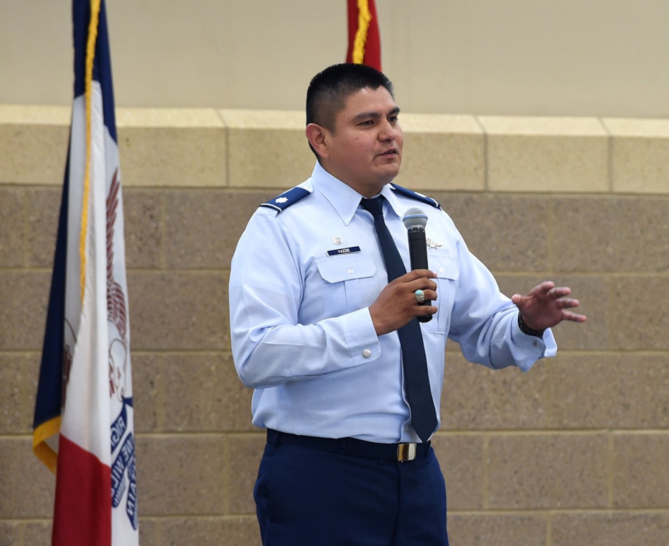 Col. Lawrence Yazzie, the new director of the National Guard Bureau's Office of Diversity, Equity and Inclusion, addresses a crowd at a symposium in Iowa in 2018. Yazzie grew up on a Navajo reservation in Arizona, played basketball at the Air Force Academy and commanded the Iowa Air Guard’s 168th Cyberspace Squadron.