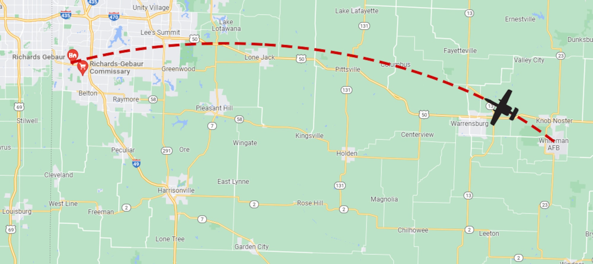 A dashed line represents a flight path between Whiteman Air Force Base and Richards-Gebaur Air Reserve Station with an A-10 silhouette "flying" along it.