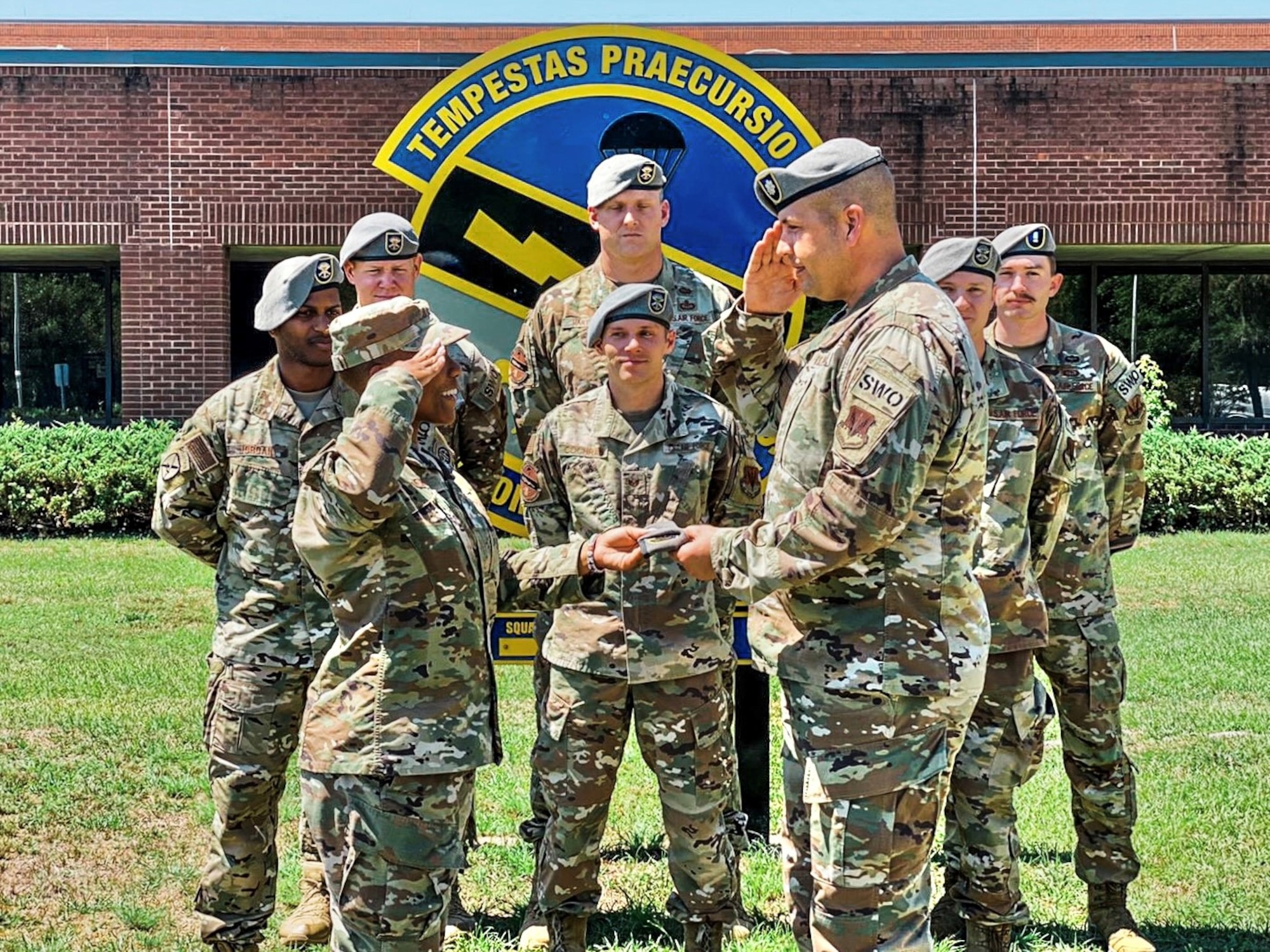 Senior Airman Shanelle Newman, now Staff Sgt. Shanelle Newman, receives her Grey Beret at the 18th Combat Weather Squadron, Fort Bragg, North Carolina, Apr. 28 2021. Newman is the first African-American female to earn a U.S. Air Force Grey Beret. (Curtesy photo)