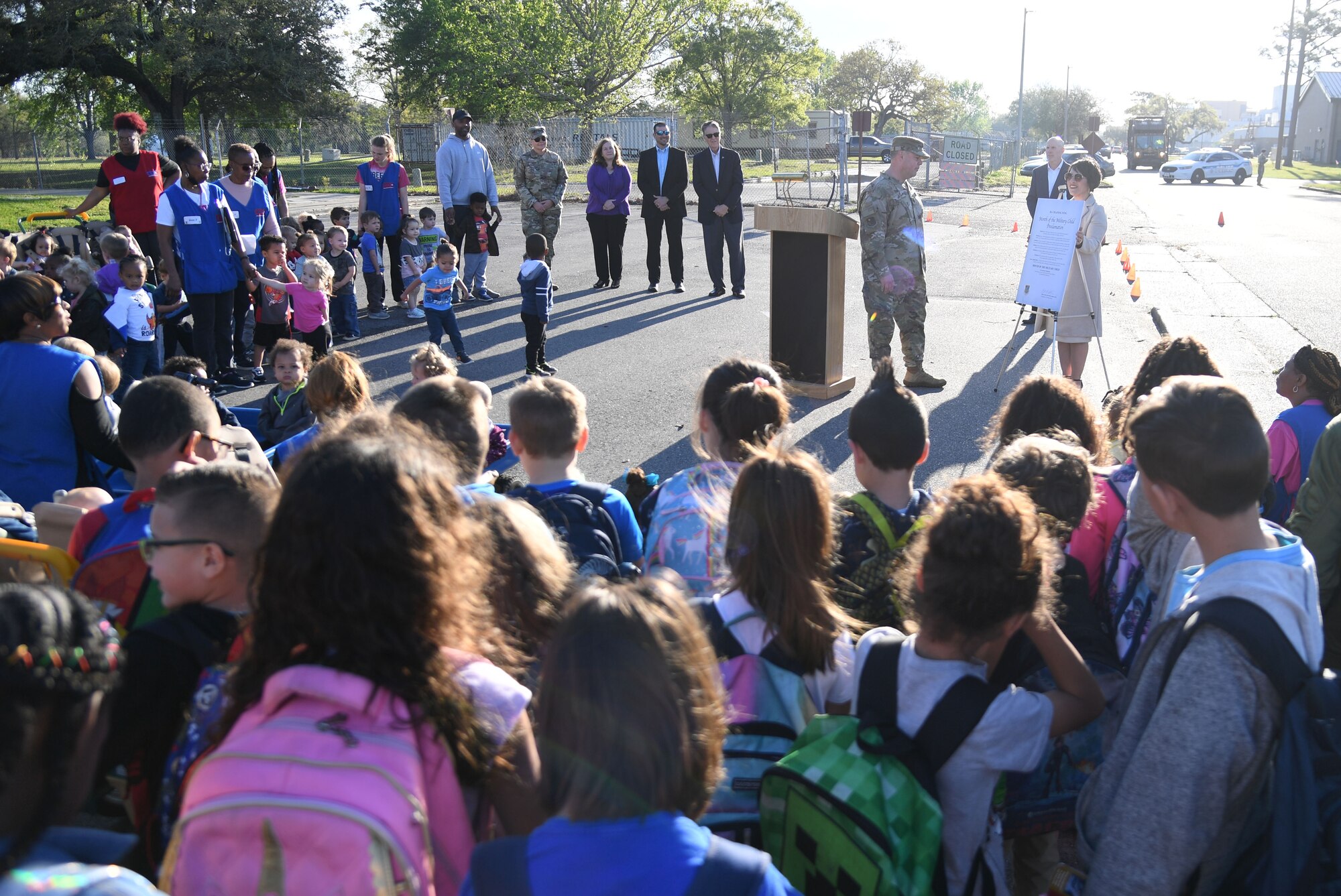 U.S. Air Force Lt. Col. David Mays, 81st Mission Support Group deputy commander, reads the Month of the Military Child proclamation outside the Youth Center at Keesler Air Force Base, Mississippi, March 31, 2022. The Month of the Military Child is celebrated throughout the month of April. (U.S. Air Force photo by Kemberly Groue)