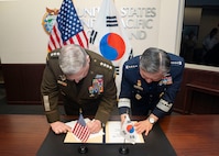 Army Gen. Mark A. Milley, chairman of the Joint Chiefs of Staff, meets with Chairman of the Republic of Korea Joint Chiefs of Staff Gen. Won In Choul during a bilateral engagement at Camp Smith, Hawaii, March 30, 2022. (DOD Photo by Navy Chief Petty Officer Carlos M. Vazquez II)