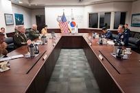 Army Gen. Mark A. Milley, chairman of the Joint Chiefs of Staff, meets with Chairman of the Republic of Korea Joint Chiefs of Staff Gen. Won In Choul during a bilateral engagement at Camp Smith, Hawaii, March 30, 2022. (DOD Photo by Navy Chief Petty Officer Carlos M. Vazquez II)