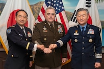 Army Gen. Mark A. Milley, chairman of the Joint Chiefs of Staff, meets with Japan Chief of the Joint Staff Gen. Koji Yamazaki and Chairman of the Republic of Korea Joint Chiefs of Staff Gen. Won In Choul during a trilateral meeting at Camp Smith, Hawaii, March 30, 2022. (DOD Photo by Navy Chief Petty Officer Carlos M. Vazquez II)