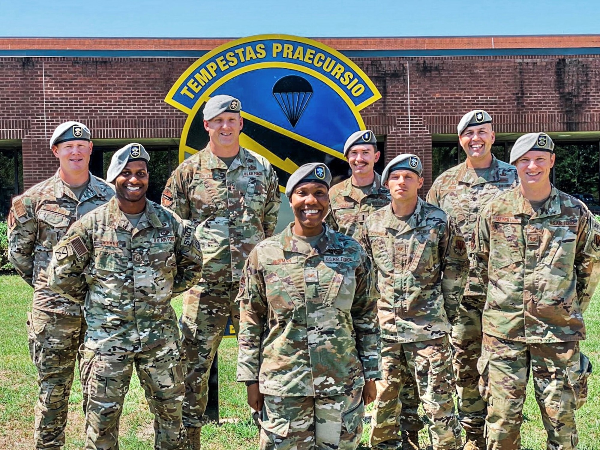 Senior Airman Shanelle Newman, now a Staff Sgt., receives her Grey Beret at the 18th Combat Weather Squadron, Fort Bragg, North Carolina, April 28, 2021. Newman is the first African American female to earn a U.S. Air Force Grey Beret. (Courtesy photo)