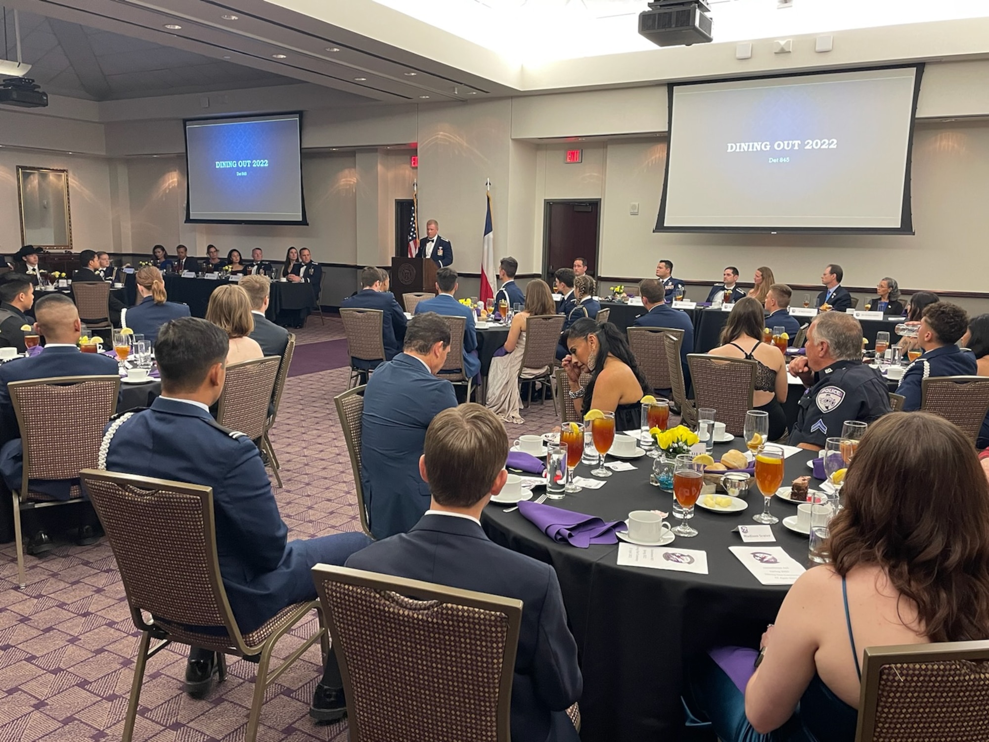 301st Fighter Wing Commander Col. Allen Duckworth speaks to the cadets at Texas Christian University Air Force Reserve Officer Training Corps Detachment 845’s Spring Dining Out Ceremony, April 23. Many of these cadets were attending their first in-person Dining Out due to the pandemic while other cadets were attending their last as they are one week away from graduation and beginning their potential commissioned assignments. (U.S. Air Force photo by Master Sgt. Jeremy Roman)
