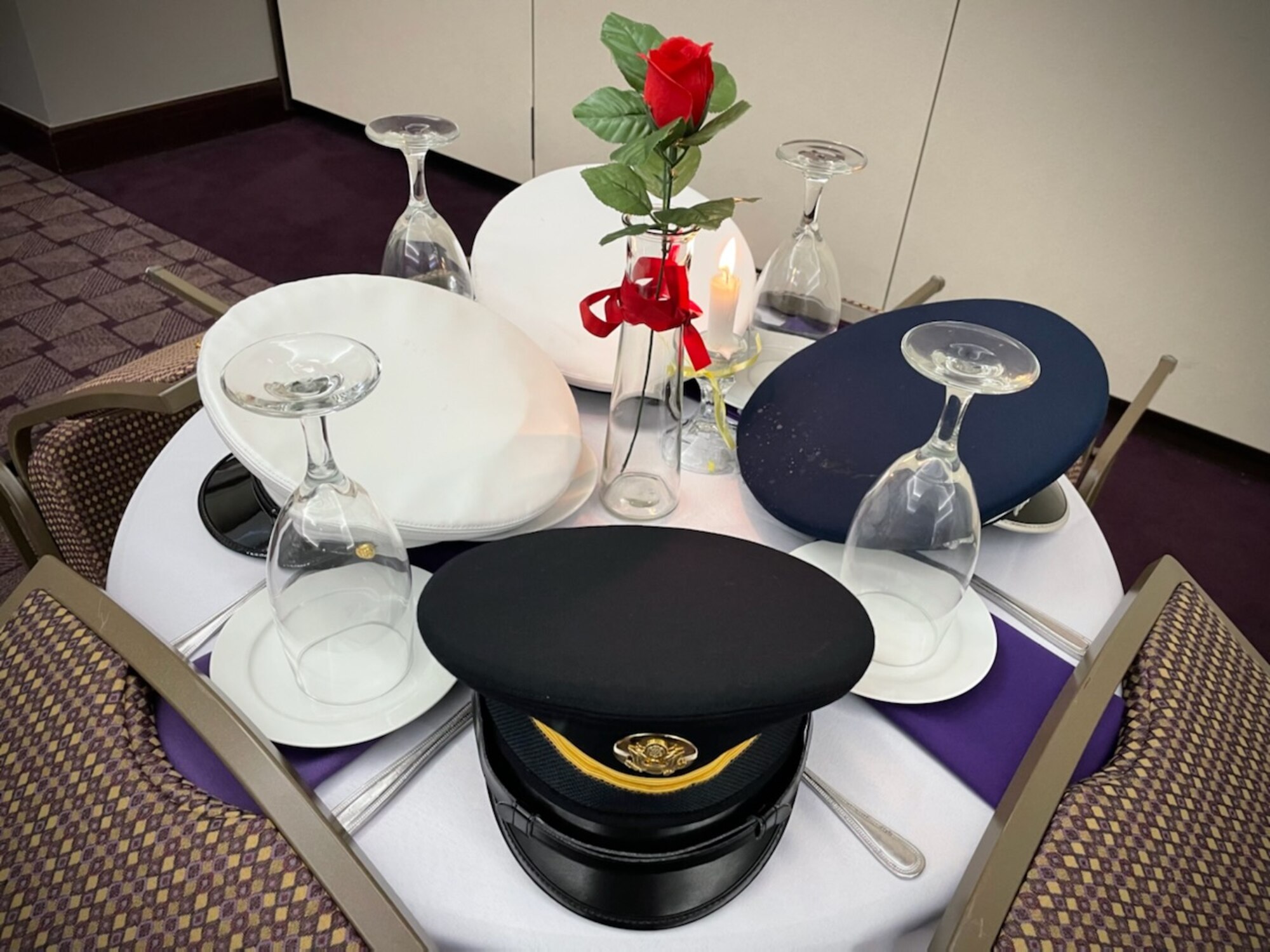 The POW/MIA Missing Man Table present at TCU's AFROTC Det, 845 Spring Dining Out Ceremony, April 23. The ceremony also allows guests to be present, unlike the Dining In, and also includes remembering those service members who are not able to physically be present due to deployments, being a prisoner of war/missing in action or paying the ultimate sacrifice. (U.S. Air Force photo by Master Sgt. Jeremy Roman)
