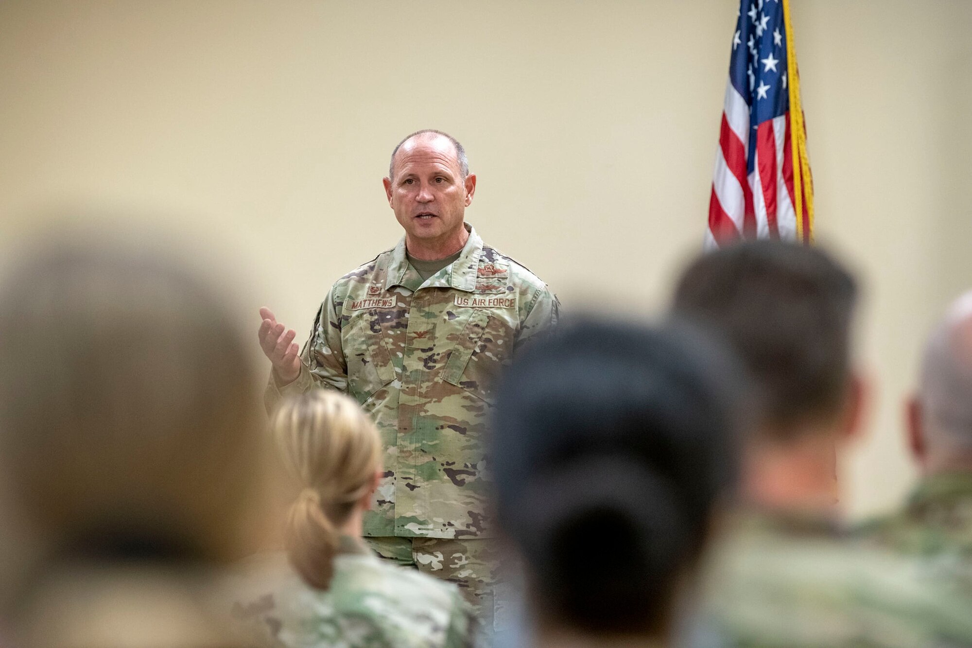 Col. Kurt Matthews, 927th Air Refueling Wing Commander speaks to the 927th Aerospace Medicine Squadron during an assumption of command ceremony on MacDill Air Force Base, Fla., April 30, 2022.