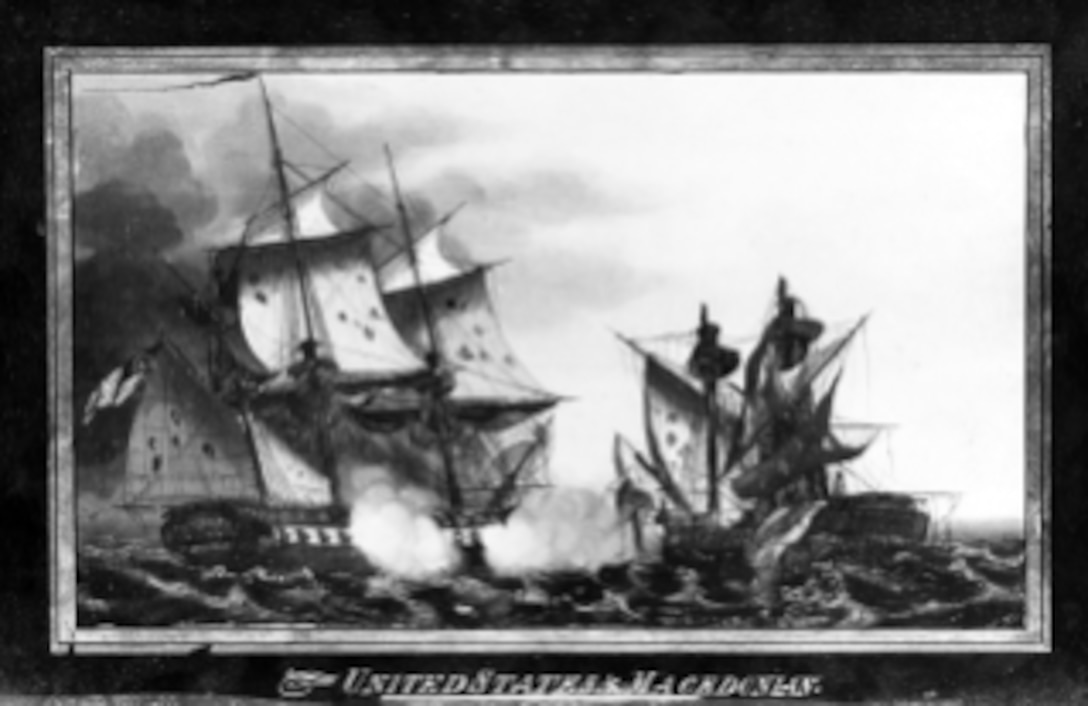 Battle between USS UNITED STATES commanded by Captain Stephen Decatur and HMS MACEDONIAN. MACEDONIAN was brought into Newport and repaired and later commissioned in the U.S. Navy. Battle took place 25 October 1812. Painting on glass