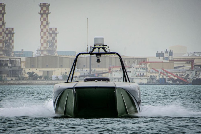 T38 Devil Ray unmanned surface vessel operates during a demonstration