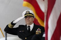 IMAGE: Capt. Philip Mlynarksi, incoming commanding officer of the Naval Surface Warfare Center Dahlgren Division (NSWCDD) salutes during the presentation of colors during the change of command ceremony, April 29. Mlynarski comes to NSWCDD after serving as the commanding officer of AEGIS technical representative in Moorestown, New Jersey.