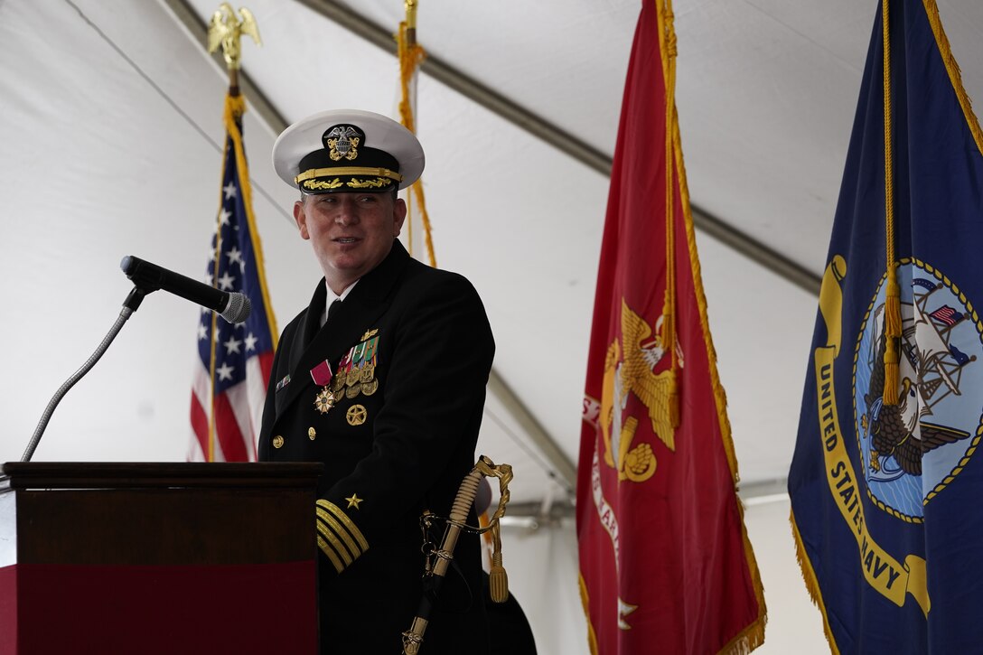 IMAGE: Outgoing Naval Surface Warfare Center Dahlgren Division Commanding Officer Capt. Stephen “Casey” Plew delivers his remarks during the change of command ceremony, April 29.