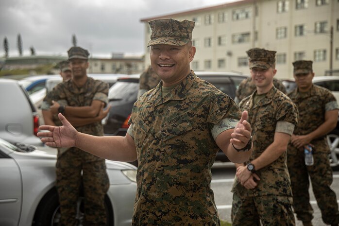 U.S. Marine Corps 1st Sgt. James Meak, Headquarters Company first sergeant with Combat Logistics Battalion 4, Combat Logistics Regiment 3, 3rd Marine Logistics Group, congratulates the Marines of the Ground Equipment Staging Program on a successful deployment and briefs on future operations and exercises on Camp Kinser, Okinawa, Japan, April 27, 2022.  The Marines of the GESP recently returned from an 8 month rotational deployment to Darwin, Australia to maintain gear, foster force readiness, and improve relations with Australian Defence Force partners. 3rd MLG, based out of Okinawa, Japan, is a forward deployed combat unit that serves as III Marine Expeditionary Force's comprehensive logistics and combat service support backbone for operations throughout the Indo-Pacific area of responsibility.