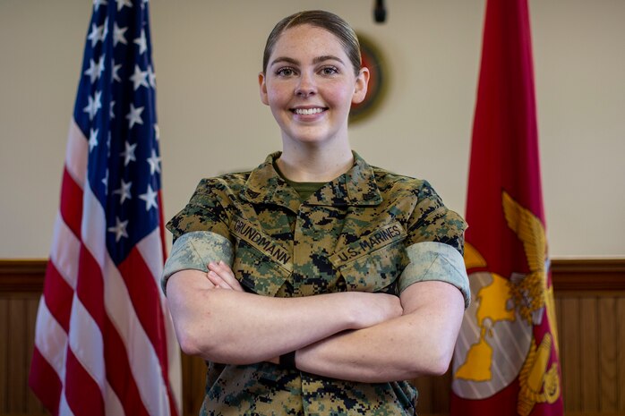 U.S. Marine Corps Cpl. Stephanie E. Grundmann, a legal chief with Headquarters and Headquarters Squadron, poses for a photo on Marine Corps Air Station (MCAS) New River in Jacksonville, North Carolina, April 20, 2022. Grundmann, the recipient of the MCAS New River Go-Getter of the month, enlisted into the Marine Corps in Aug. 2018 from Cresco, Pennsylvania. (U.S. Marine Corps photo by Lance Cpl. Alexis Sanchez)