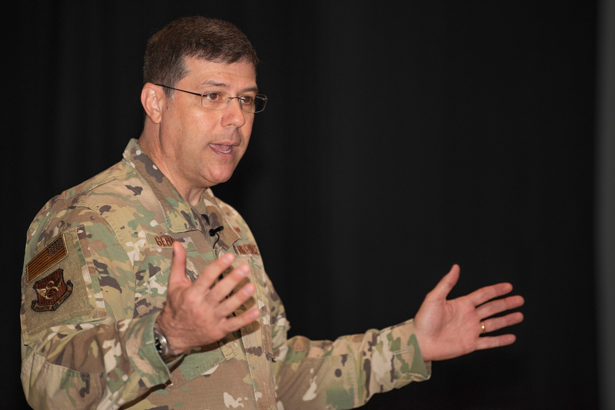 Maj. Gen. Andrew Gebara, 8th Air Force and Joint-Global Strike Operations Center commander, speaks to the 7th Bomb Wing during an all-call at Dyess Air Force Base, Texas, April 29, 2022. Gebara is responsible for the service’s bomber force and airborne nuclear command and control assets, encompassing approximately 21,000 Airmen across six installations. (U.S. Air Force photo by Airman 1st Class Ryan Hayman)