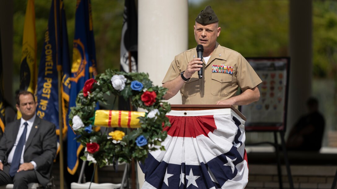 U.S. Marine Corps Col. Michael Jernigan, chief of staff with Marine Corps Installations East - Marine Corps Base Camp Lejeune, speaks during the Vietnam Veterans Recognition ceremony on Lejeune Memorial Gardens, Jacksonville, North Carolina, April 30, 2022. The ceremony honors all those who sacrificed while celebrating the accomplishments and perseverance of all Vietnam veterans. (U.S. Marine Corps photo by Lance Cpl. Antonino Mazzamuto)