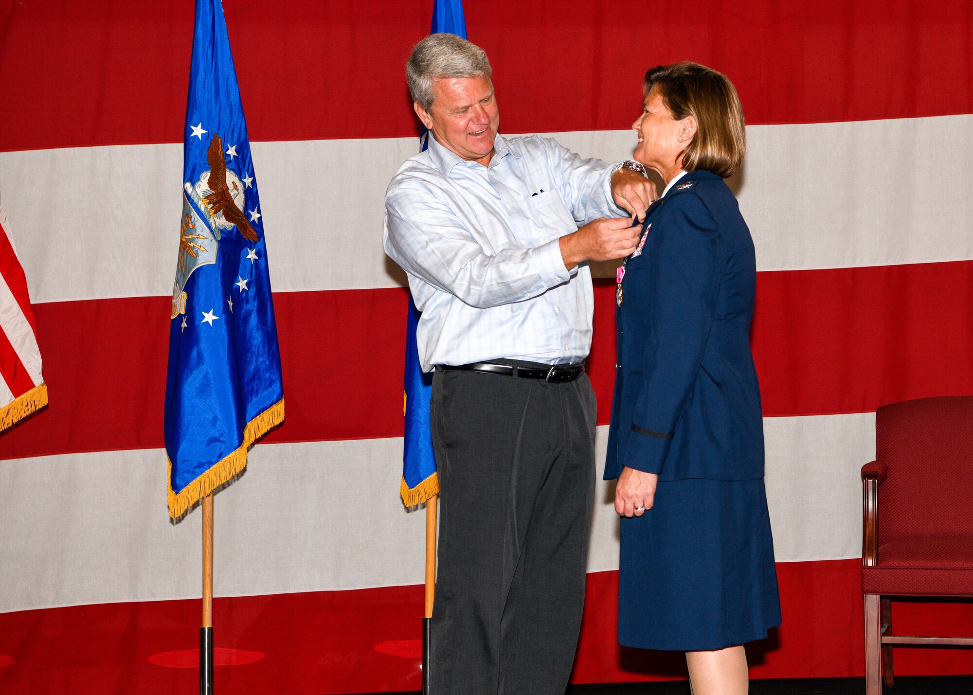 Colonel Elizabeth "Beth" Kwasny had a retirement pin pinned on her by husband, James Kwasny during a retirement ceremony at the Naval Air Station Joint Reserve Base Fort Worth, Texas on Saturday, April 30, 2022. Kwasny served as the Inspection General for the 301st Fighter Wing, where she has been since 2006.