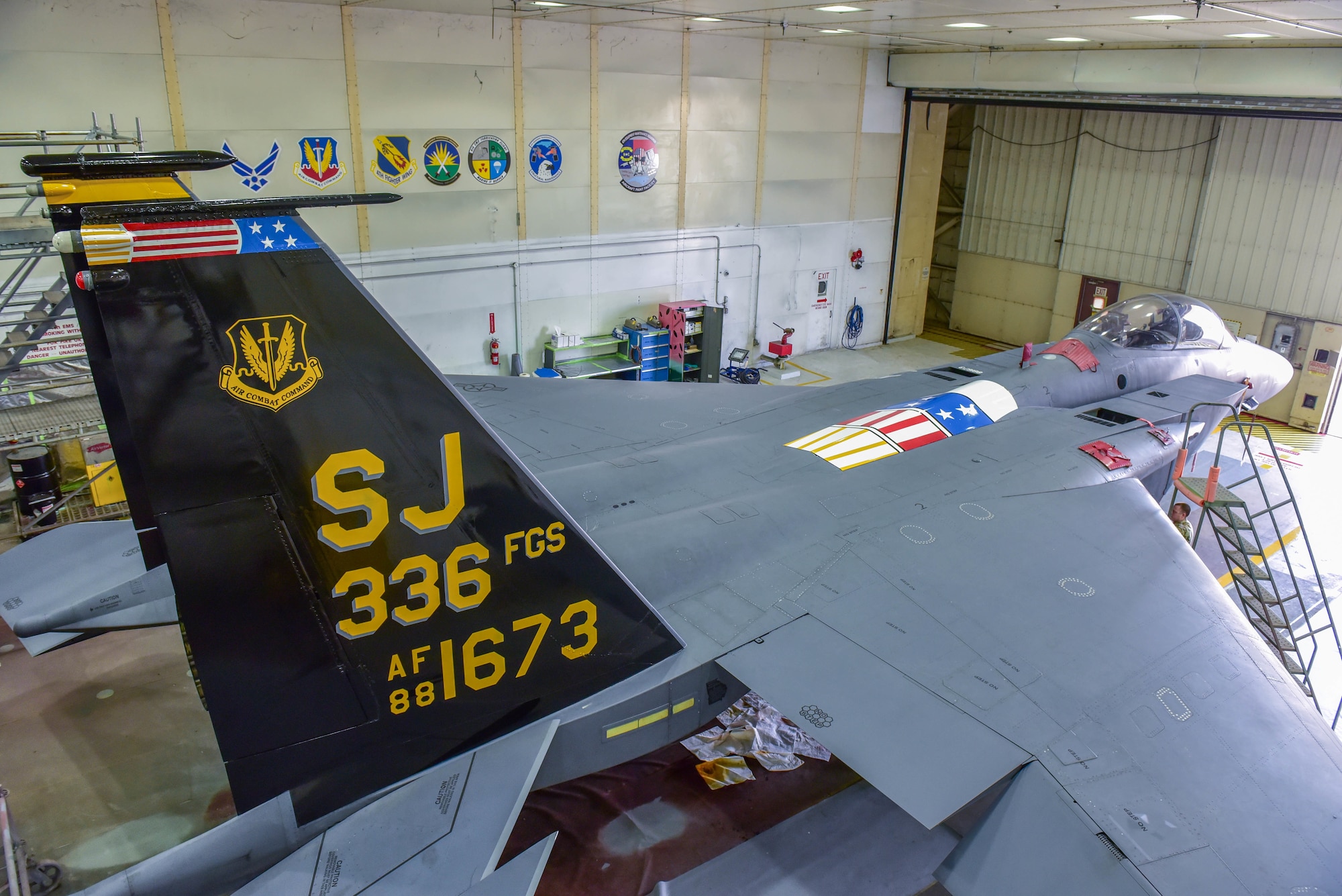 An F-15E Strike Eagle sits in the flightline at Seymour Johnson Air Force Base, North Carolina, Feb. 10, 2021.The aircraft will be the flagship for the 336 Fighter Generation Squadron commander. The paint job was inspired by the original logo for the 336th Fight Generation squadron. (U.S. Air Force photo by Senior Airman Taylor Hunter)