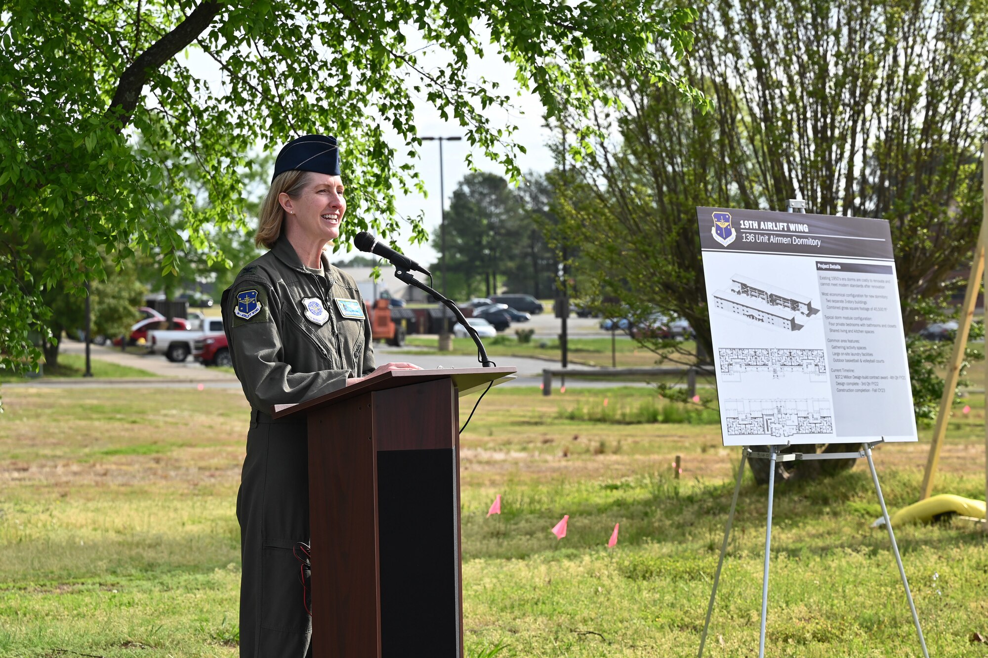 Col. Angela Ochoa, 19th Airlift Wing commander, provides opening remarks project during a groundbreaking ceremony