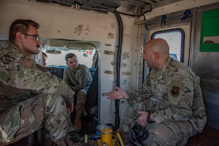 Chief Master Sgt. Steve Cenov, 8th Air Force command chief and Joint-Global Strike Operations Center senior enlisted leader, speaks to a group of maintainers from the 7th Aircraft Maintenance Squadron at Dyess Air Force Base, Texas, April 29, 2022. The 8th Air Force command team used the visit as an opportunity to discuss the importance of Striker Airmen and the role they play in support of the global strike mission. (U.S. Air Force photo by Airman 1st Class Ryan Hayman)